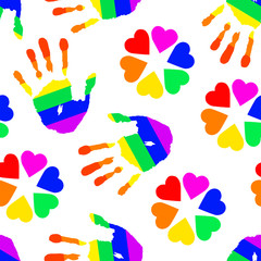 Seamless pattern rainbow colors of LGBT flag on white background. Handprint texture for design card of Pride day, tolerance, equality, freedom, rights community lesbian and gay.