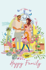 Happy family of father, mother and children outdoors amoung green nature and flowers. Riding the bicycles. Family house. Colorful vector illustration.