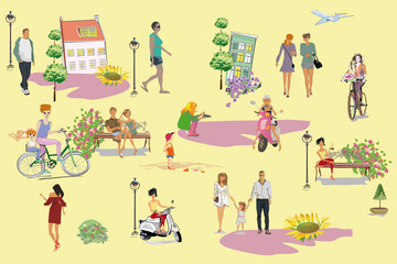 People walking and have a rest outdoor in summer park in the flat style. Set of leisure outdoor activities - playing with ball, walking dog, painting, eating lunch, sunbathing.Vector illustration.