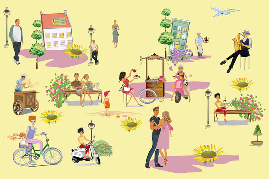 People walking and have a rest outdoor in summer park in the flat style. Set of leisure outdoor activities - playing with ball, walking dog, painting, eating lunch, sunbathing.Vector illustration.