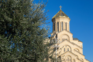 Tsminda Sameba or The Holy Trinity Cathedral of Tbilisi, Georgia with tree in clear weather