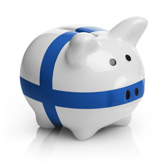 Piggy bank painted in the flag of Finland, isolated on white background