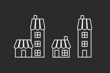 Commercial store and shop icon set with white outline.