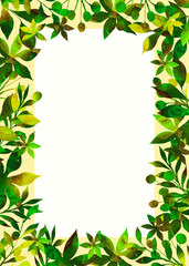 white card with leaves and flowers of green and yellow colors painted with watercolor