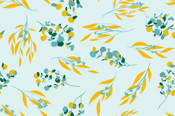 Fototapeta na wymiar Floral Seamless Pattern in Pastel Color Design. Vector Eucalyptus Leaves and Beautiful Blossom Elements. Botanical Summer Background. Floral Seamless Pattern for Wedding Design, Print, Textile, Fabric