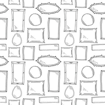 Frames seamless sketch pattern. Black hand drawn picture frames and mirrors without background. Wallpaper pattern, doodle of frames. Vector backdrop.