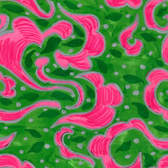 Vintage style ornaments with pink figures on a light green background