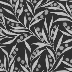 drawing with watercolor branches with leaves and light gray circles on a dark gray color