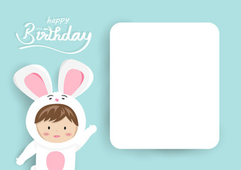 Obraz premium Birthday greeting card, adorable bunny kid mascot with tag text, cute cartoon using for children celebrate invitation vector background