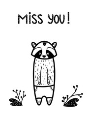 Miss you! Cute sad animal card. Vector illustration isolated on white with leaf, heart. Scandinavian style. Handdrawn Raccoon silhouette with shorts. Happy Valentine's day postcard, bracoon, rief. 