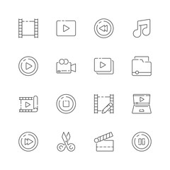 Video editing icon. Film movie production symbols cut editor multimedia clapper vector thin line pictures. Illustration of edit film, clapper and video, camera and player