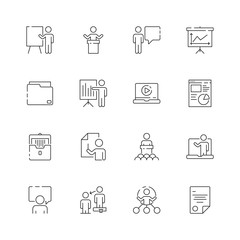 Business presentation icon. Learning managers classroom lecture conference training presentation class vector symbols. Seminar and presentation, training and education illustration