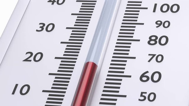 Thermometer with decreasing red temperature. Animation of zooming out from thermometer with red temperature indicator.