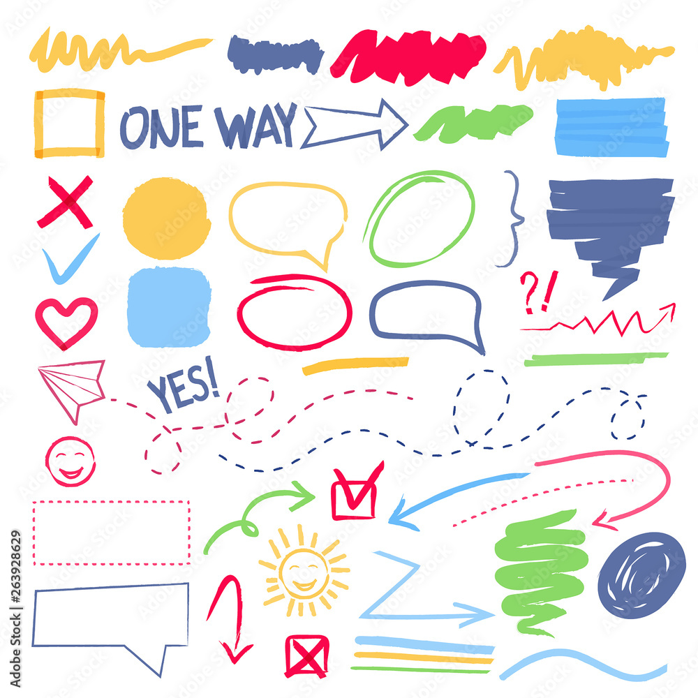 Poster marker highlight. selection borders frames arrows vector hand drawn colored collection. arrow marker