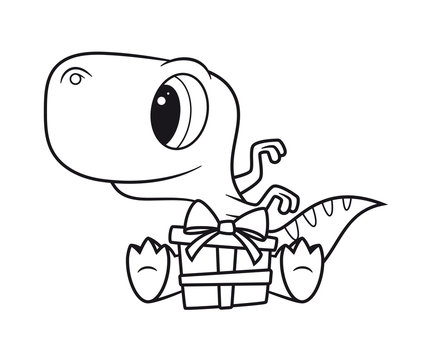 Vector line funny cartoon sitting baby Dinosaur with gift package