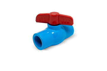 Blue PVC water pipe red valve isolated.