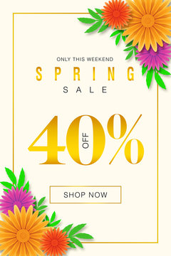 Special Spring sale offer 40% Off only for this weekend Promotional banner background with colorful flower