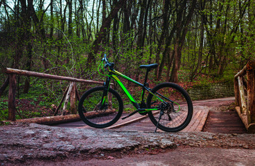 Fototapeta premium a green bicycle on the bridge in a forest at mountains