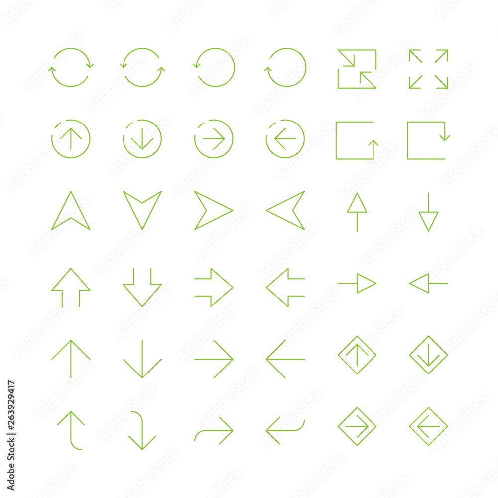 Poster Thin arrows. Infographic thin elements template navigation arrows vector icons. Illustration of arrow pointer curve and round