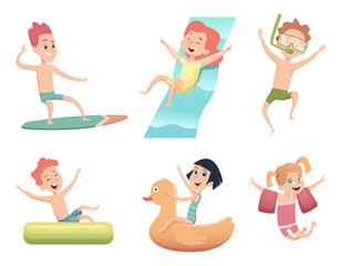 Aquapark characters. Activities in water pool sea jumping and swimming happy childrens vector cartoon collection. Illustration of aqua pool park, happy child