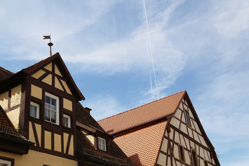 Traditional, colorful buildings in the historic old town of Rothenburg ob der Tauber