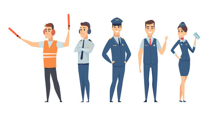 Pilots. Avia company persons crew pilots stewardess airplane command civil aviation vector characters in cartoon style. Pilot and stewardess, people transport service in uniform illustration - obrazy, fototapety, plakaty