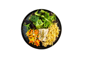 cod fish with vegetables, small vegetables and marine sauce