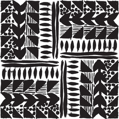 Black and white hand drawn tribal patchwork seamless vector pattern.