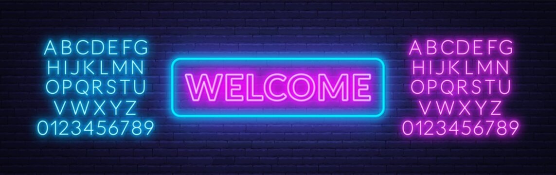 Neon sign welcome on on brick wall background. Neon alphabet.