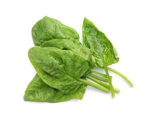 Pile of fresh spinach leaves isolated on white, top view