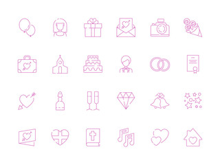 Wedding symbols. Love couple cakes photography camera gifts items for happy wedding day celebration vector thin line icon collection. Wedding celebration icons set, marriage linear illustration