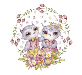 Two cute aquarelle owls in circle flower wreath