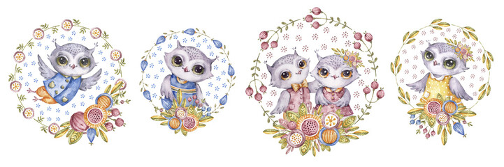 Aquarelle owls and flowers, set in childish style