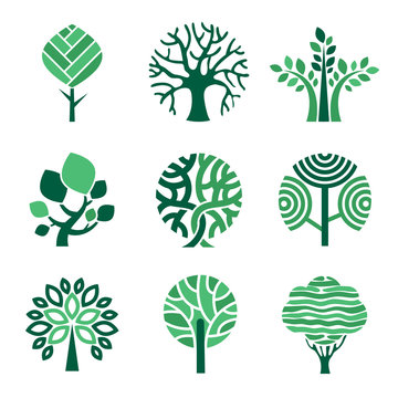 Tree logo. Green eco symbols nature wood tree stylized vector pictures. Eco wood tree, organic natural abstract trees illustration