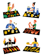 Sellers on marketplace, cartoon characters. Seasonal outdoor market, street food festival. Vector flat illustration, isolated on white.
