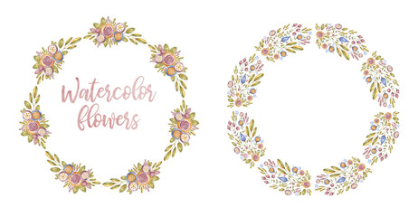 Two circle watercolor flower frames, card cover 