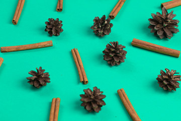 Fototapeta na wymiar collection of cones and cinnamons on the blue table.creative composition for party.