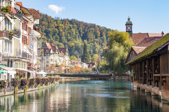 Old town area of Thun next to Aare river in Switzerland