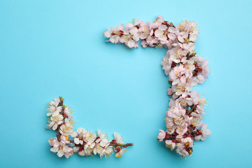 Beautiful blossoming branches with fresh spring flowers on color background, flat lay. Space for text