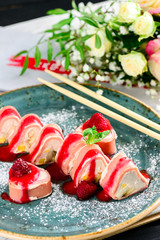 pancake rolls with butter cream and with beets