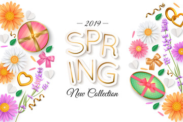 Spring new collection banner layout. Flowers, gift box