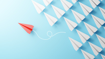 Illustration of leadership concept with red paper plane leading among white on blue background - obrazy, fototapety, plakaty