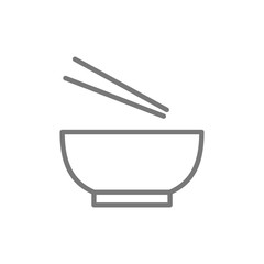 Noodle soup, bowl with chopsticks line icon.