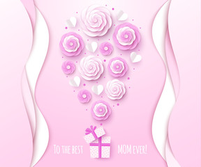 Mothers day greeting card, open gift box with flying flowers and hearts