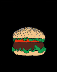 Color hamburger isolated on black background, fast food, vector illustration