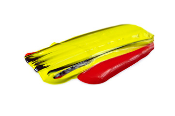 Acrylic brush stroke isolated on white background. Decorative element for poster, banner, social media post. Mix of different colors. 3d look with shadow. Abstract art concept. Wet paint texture