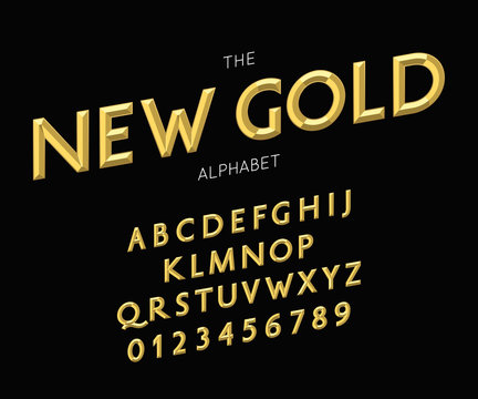 Vector new gold alphabet and font. Letters and numbers