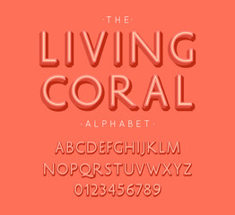 Living Coral Alphabet and Font. Letters and Numbers with color of the year 2019