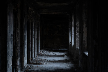 Fototapeta na wymiar Ruined building horror corridor