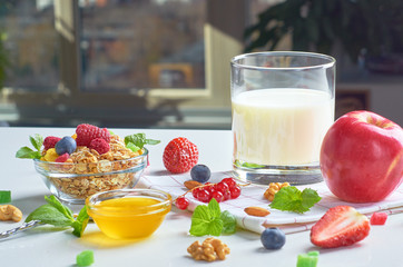 Healthy breakfast with muesli, milk, yogurt, fruit